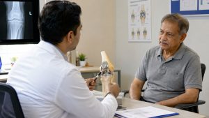 Knee joint consultation with anatomical model