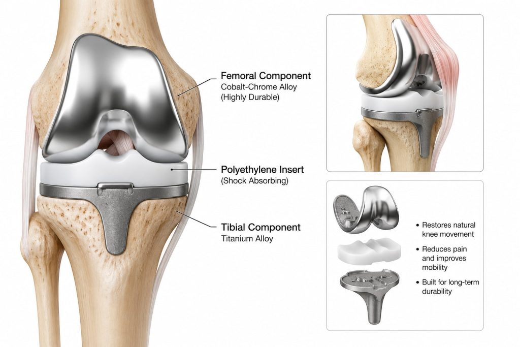 Knee joint prosthesis diagram with labels